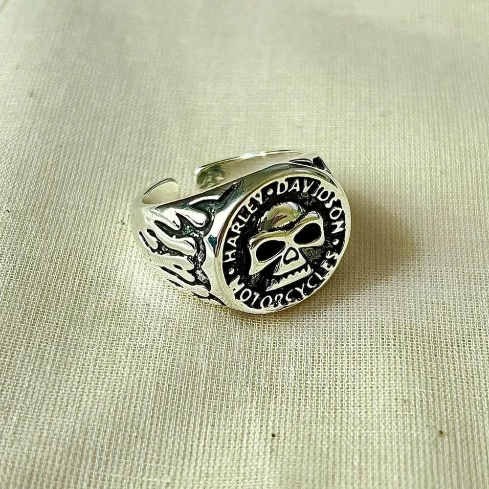 Vintage Harley biker flame skull silver chrome ring